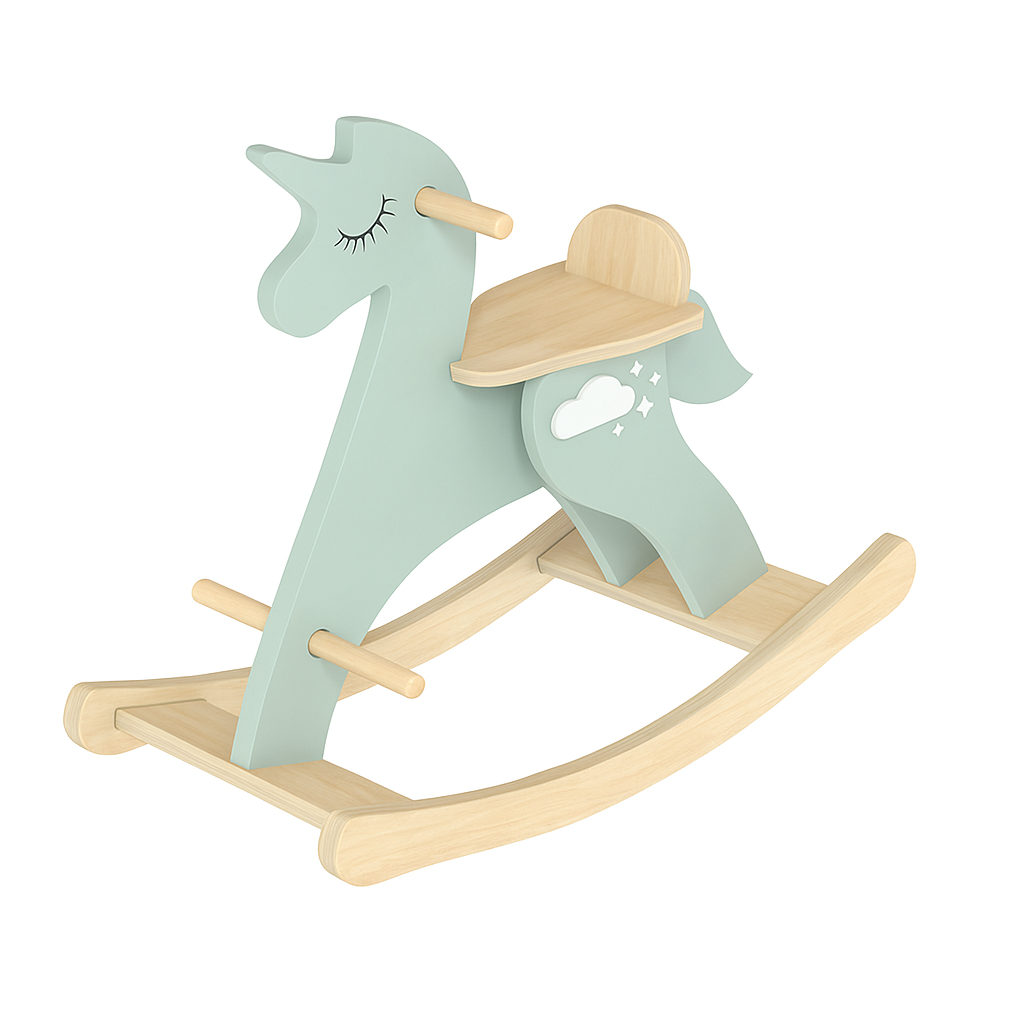 Children’s wooden rocking horse in pastel green with cloud detail