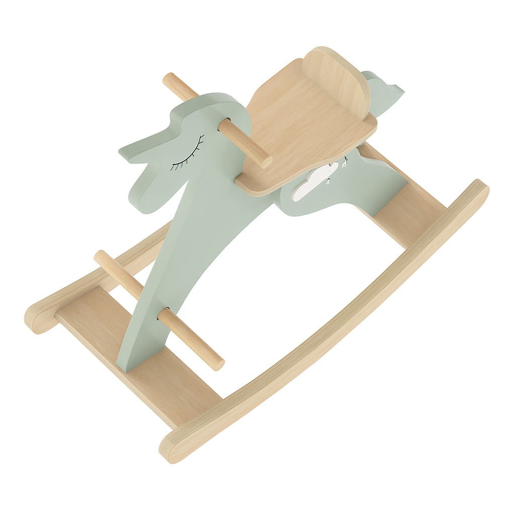 Children’s wooden rocking horse in pastel green with cloud detail