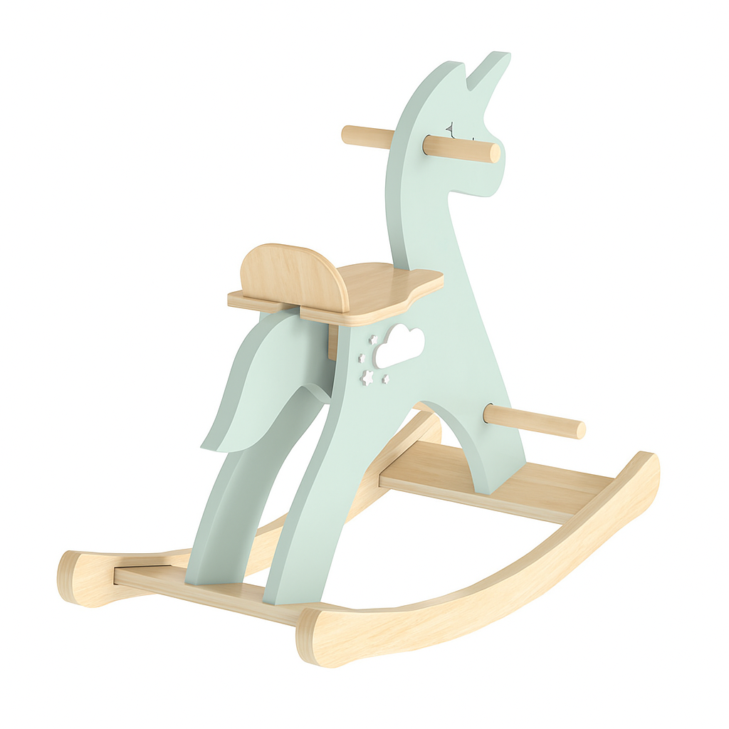 Children’s wooden rocking horse in pastel green with cloud detail