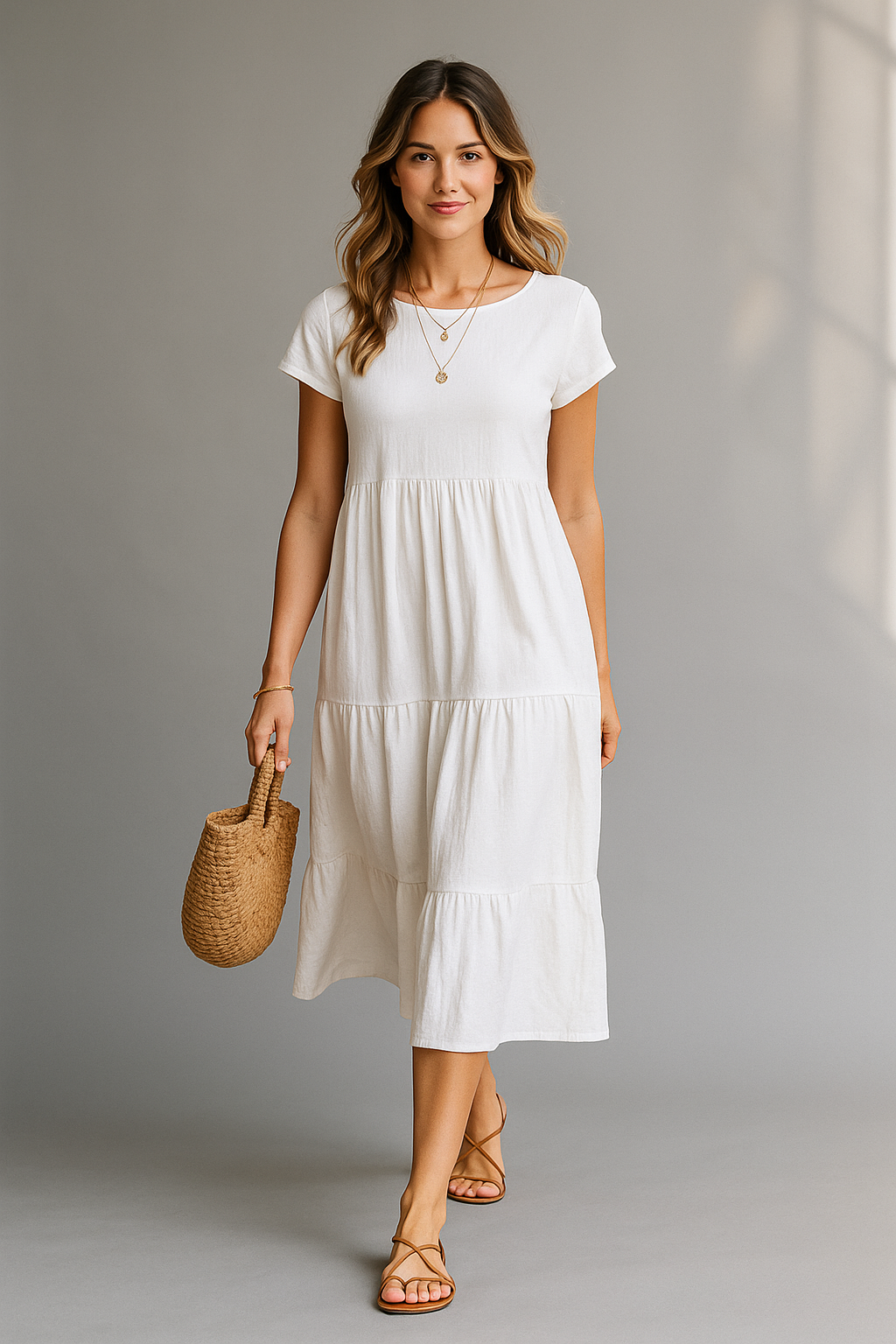 Women's white midi dress with short sleeves and tiered skirt