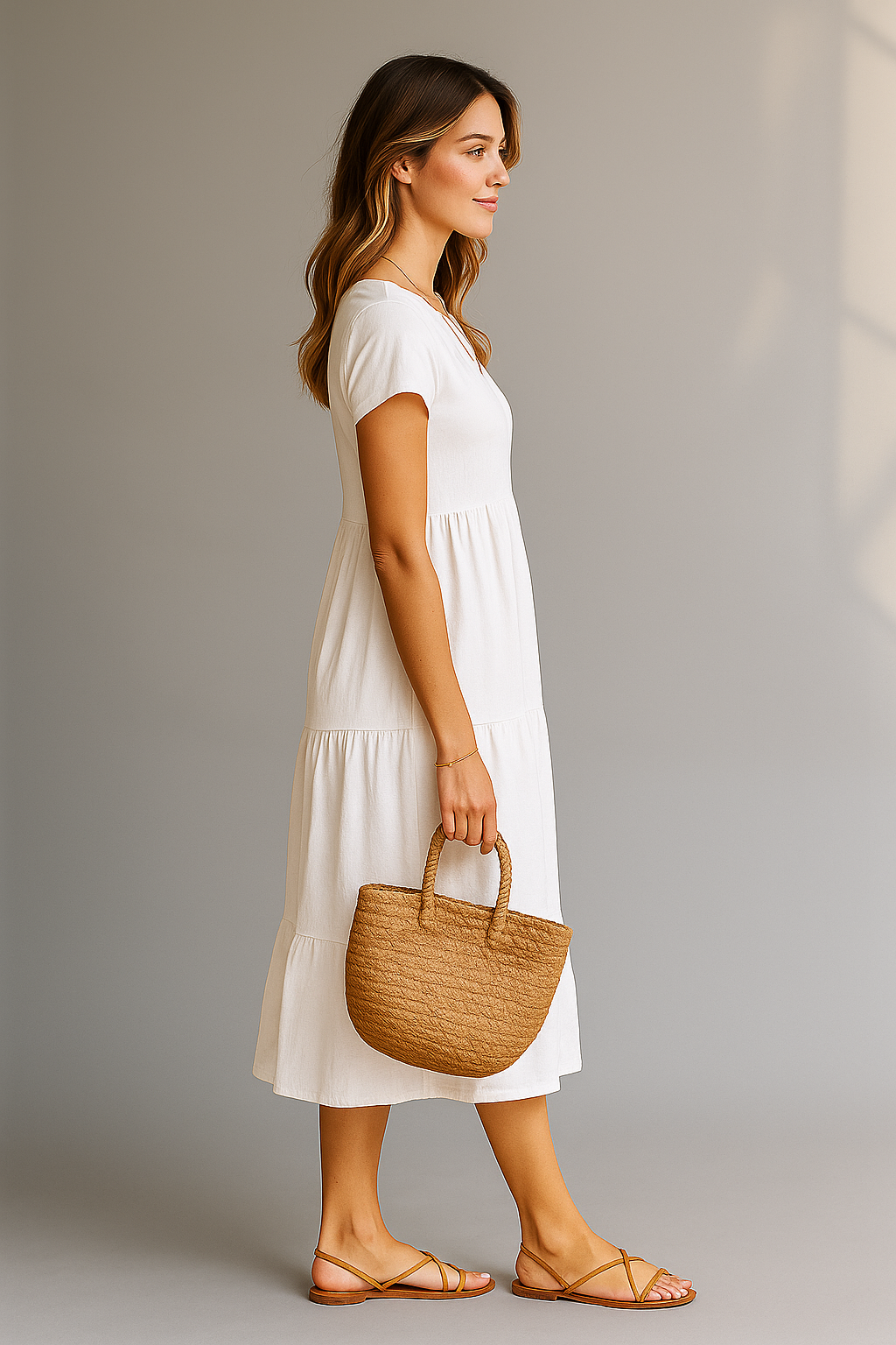 Women's white midi dress with short sleeves and tiered skirt
