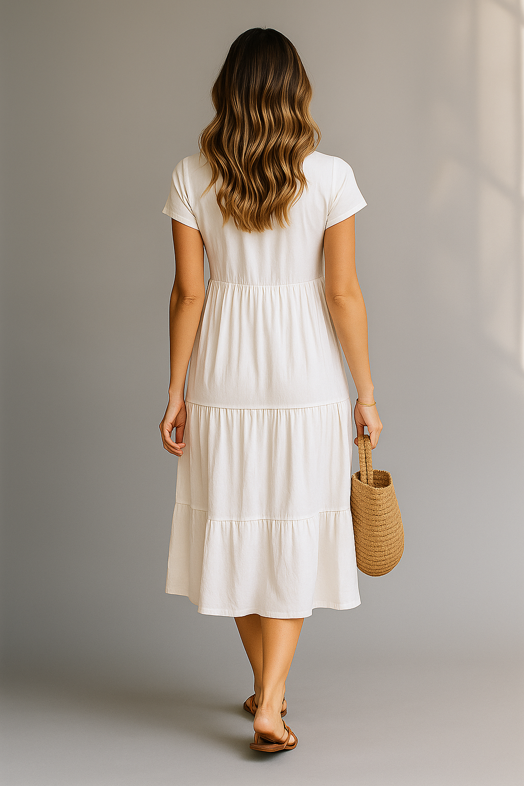 Women's white midi dress with short sleeves and tiered skirt