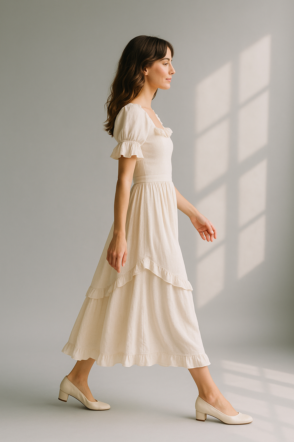Women's beige midi dress with short puff sleeves and ruffle details