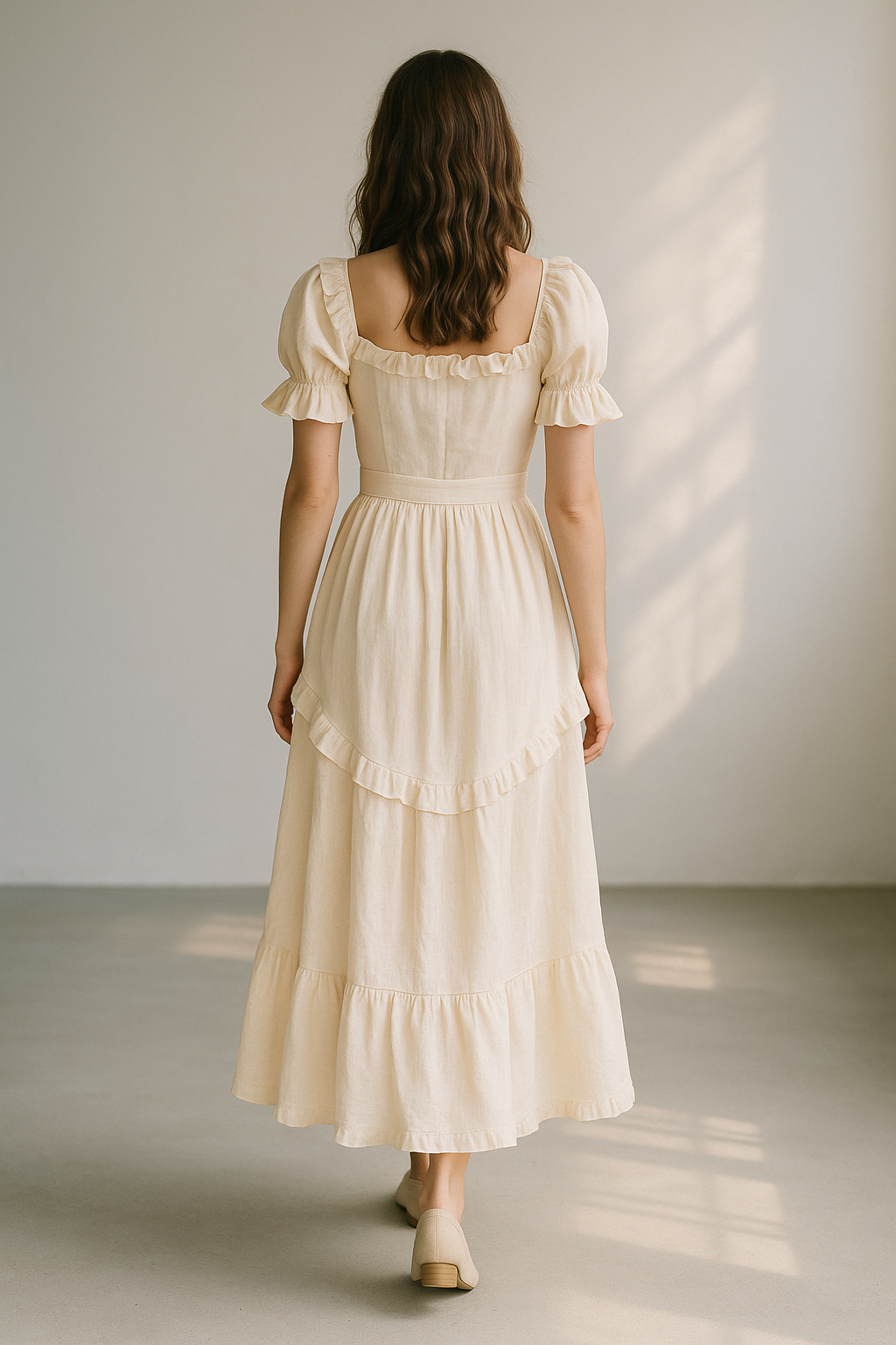 Women's beige midi dress with short puff sleeves and ruffle details