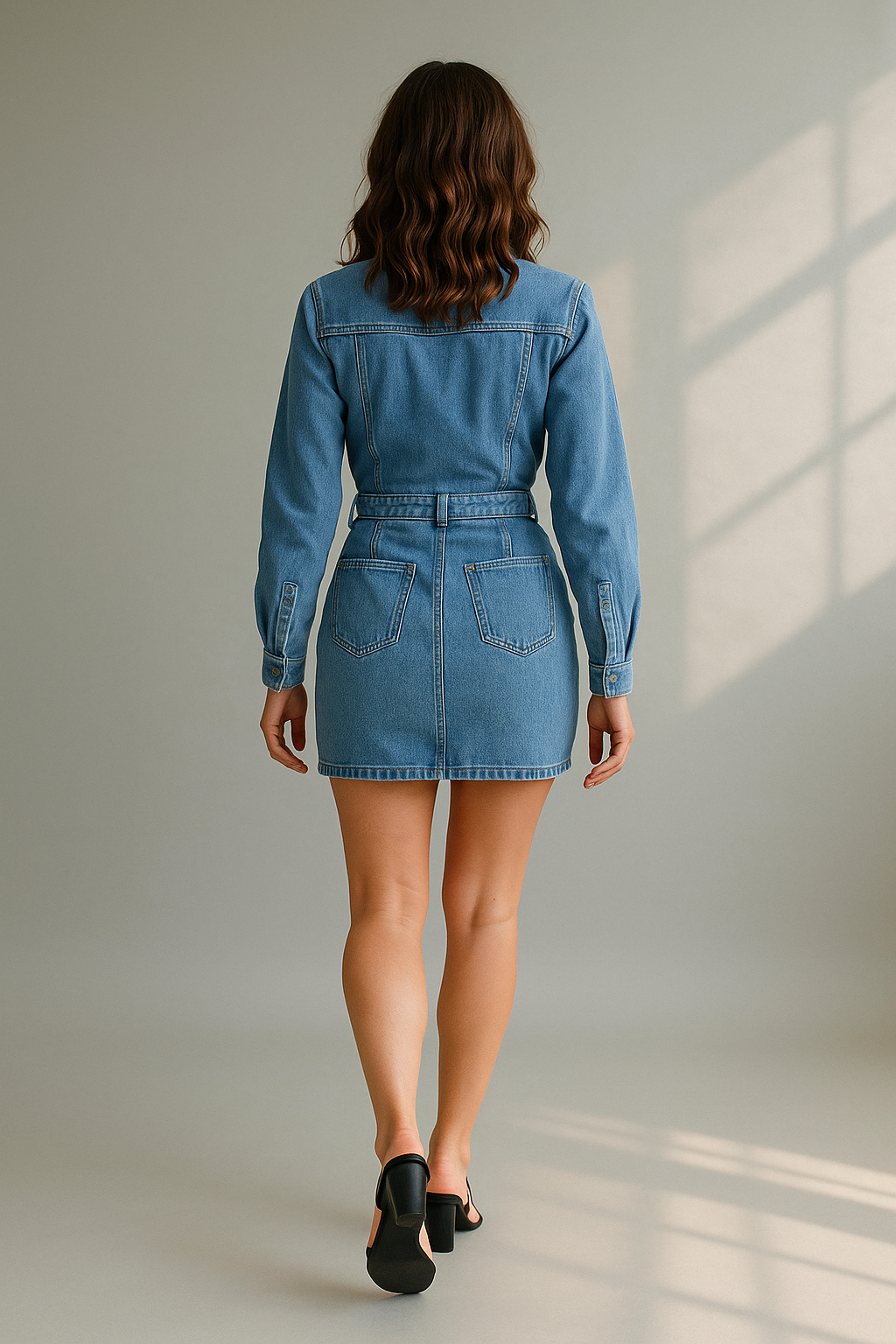 Women's light blue denim mini dress with long sleeves and button-up front