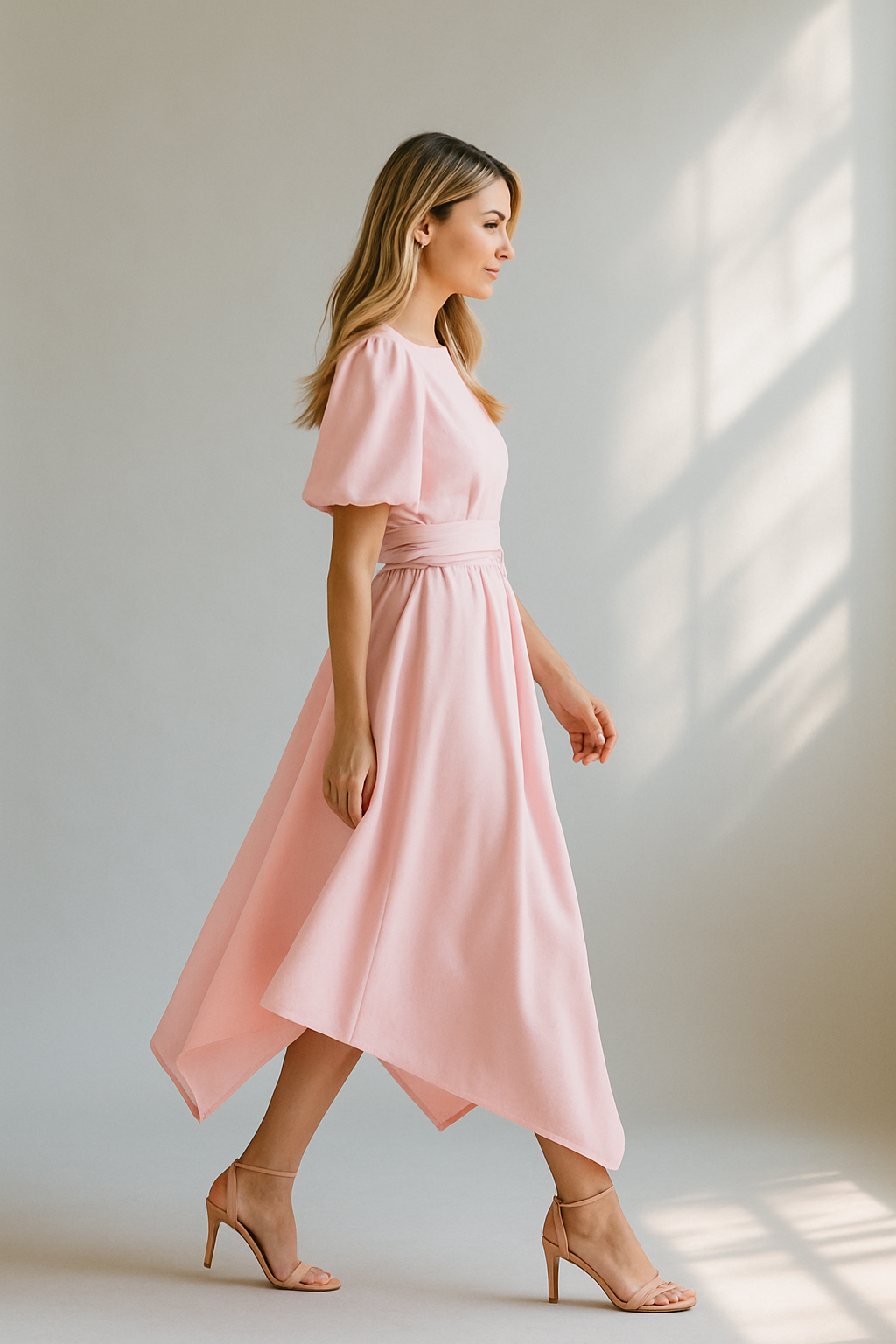 Women's pink wrap midi dress with puff sleeves and asymmetric hem