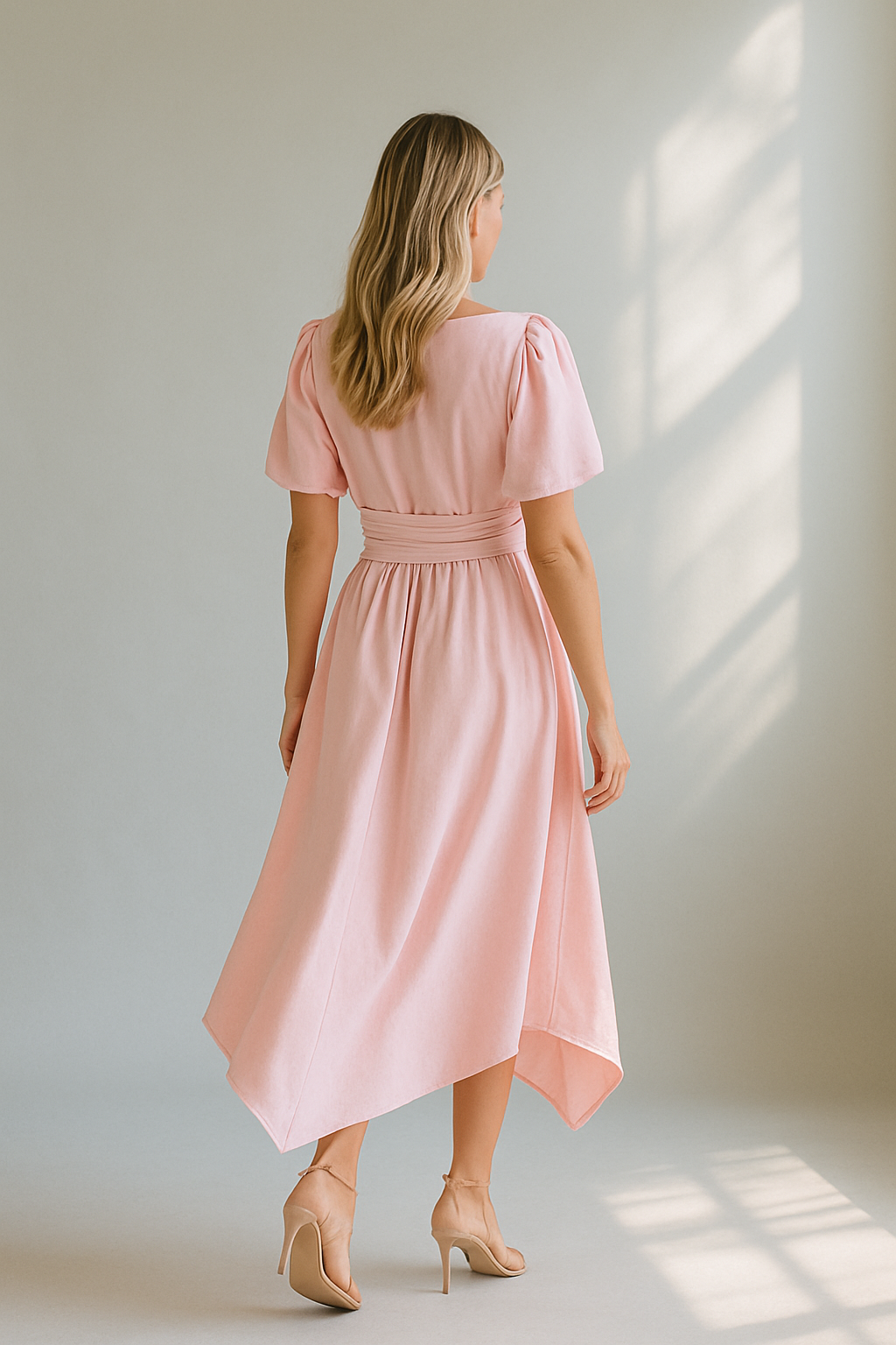 Women's pink wrap midi dress with puff sleeves and asymmetric hem