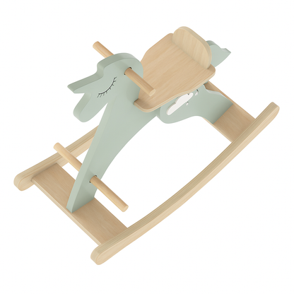 Children’s wooden rocking horse in pastel green with cloud detail