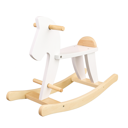 Wooden rocking horse in white with natural finish