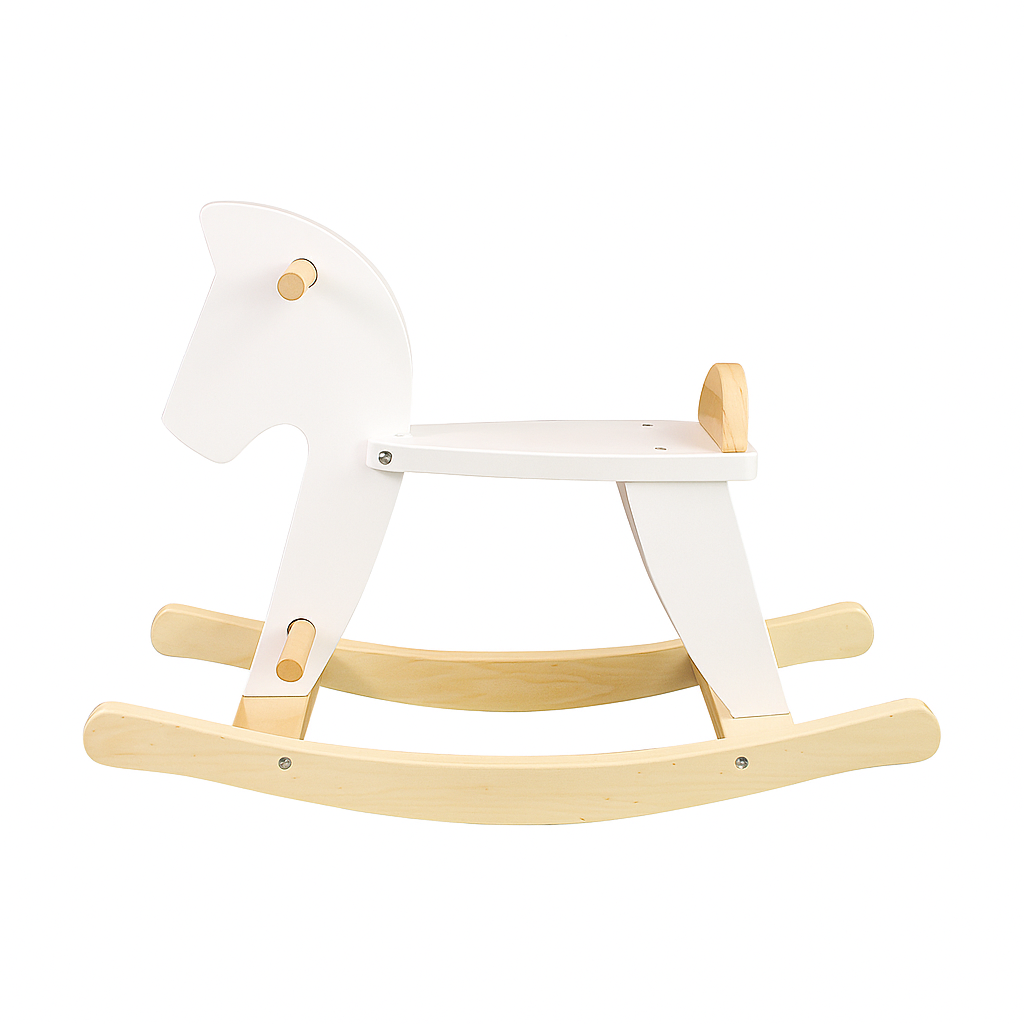 Wooden rocking horse in white with natural finish