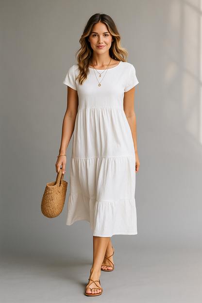Women's white midi dress with short sleeves and tiered skirt