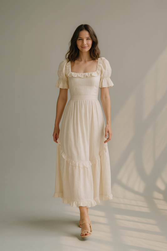 Women's beige midi dress with short puff sleeves and ruffle details