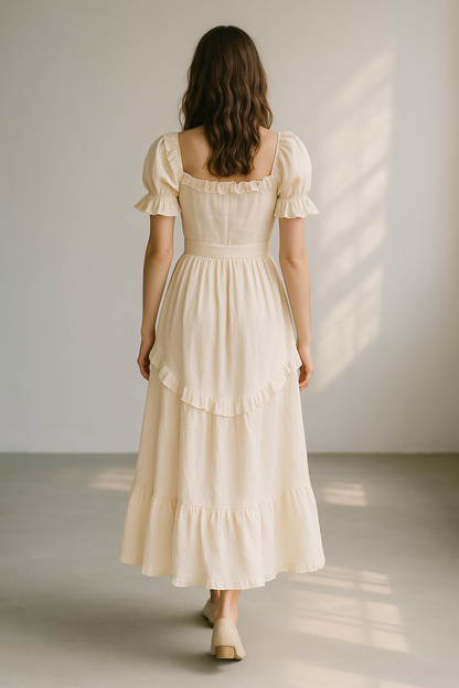 Women's beige midi dress with short puff sleeves and ruffle details