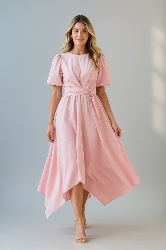 Women's pink wrap midi dress with puff sleeves and asymmetric hem